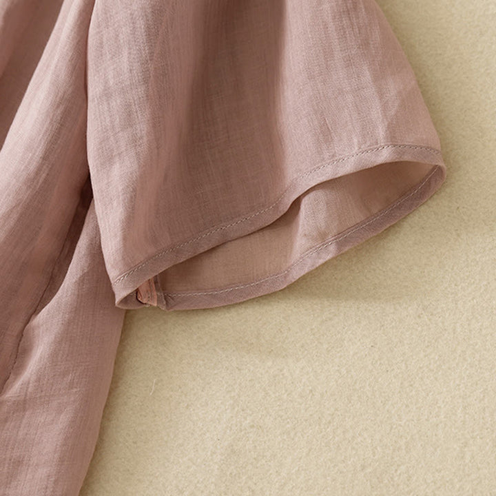 Chemise décontractée en coton à manches trois-quarts et col ras du cou avec broderies de plantes et boutons en forme de grenouille pour femmes Buddha Stones