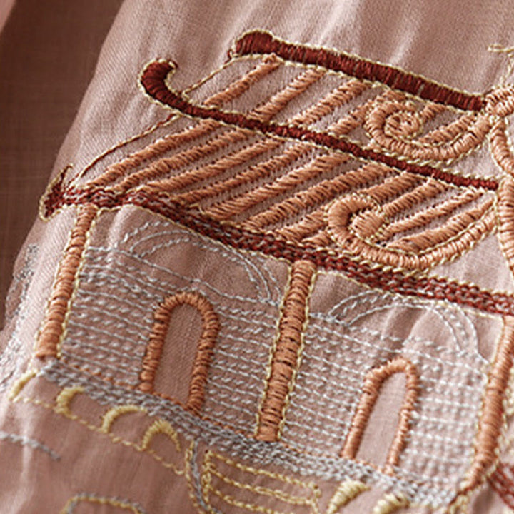 Chemise décontractée en coton à manches trois-quarts et col ras du cou avec broderies de plantes et boutons en forme de grenouille pour femmes Buddha Stones