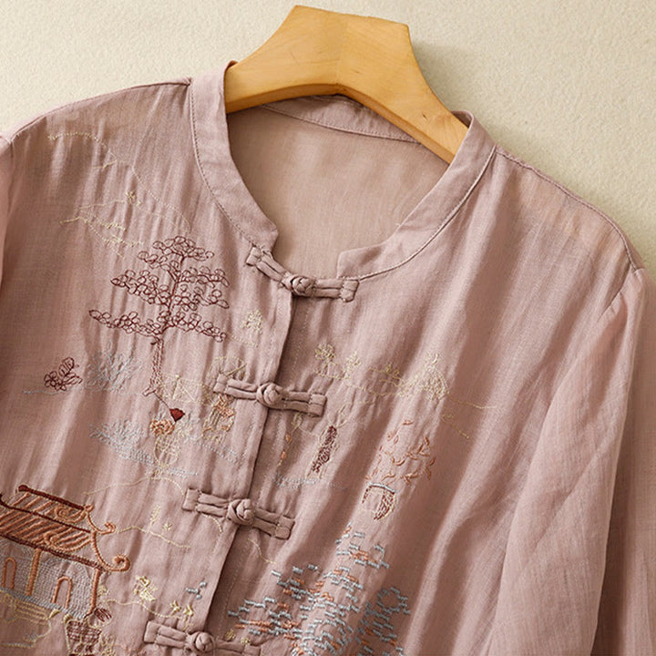 Chemise décontractée en coton à manches trois-quarts et col ras du cou avec broderies de plantes et boutons en forme de grenouille pour femmes Buddha Stones