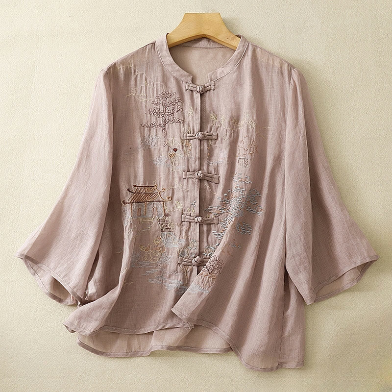 Chemise décontractée en coton à manches trois-quarts et col ras du cou avec broderies de plantes et boutons en forme de grenouille pour femmes Buddha Stones