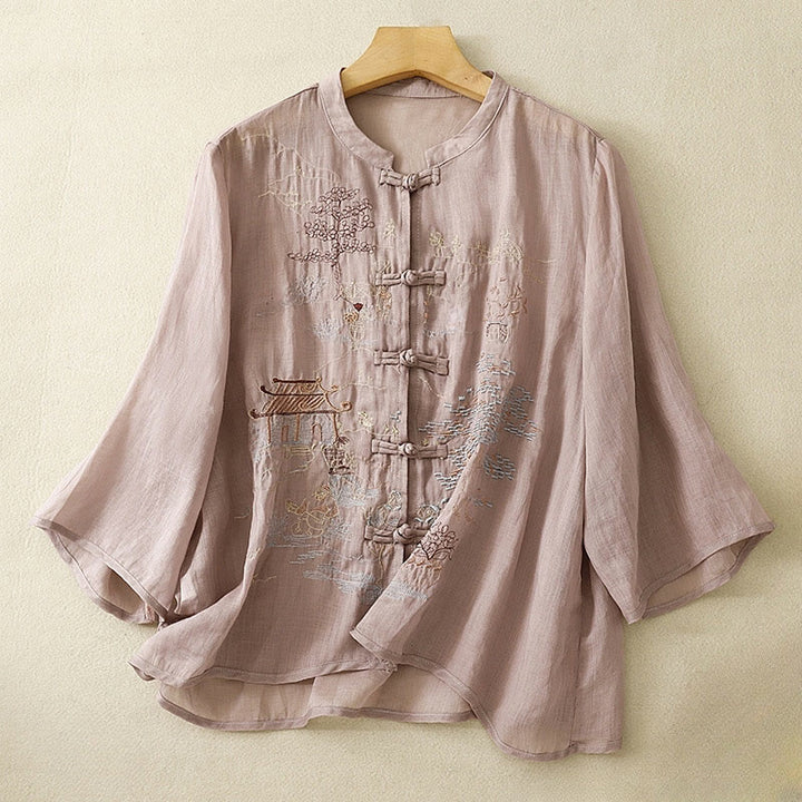 Chemise décontractée en coton à manches trois-quarts et col ras du cou avec broderies de plantes et boutons en forme de grenouille pour femmes Buddha Stones