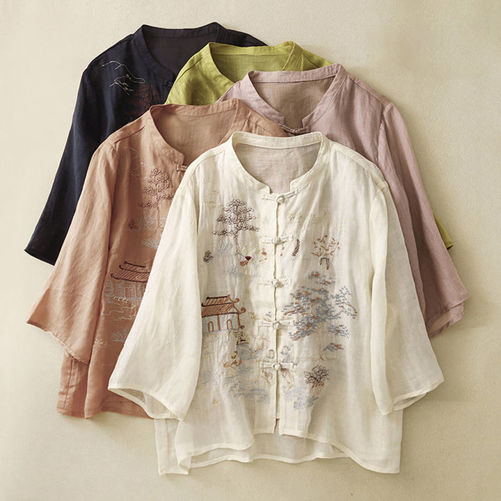 Chemise décontractée en coton à manches trois-quarts et col ras du cou avec broderies de plantes et boutons en forme de grenouille pour femmes Buddha Stones