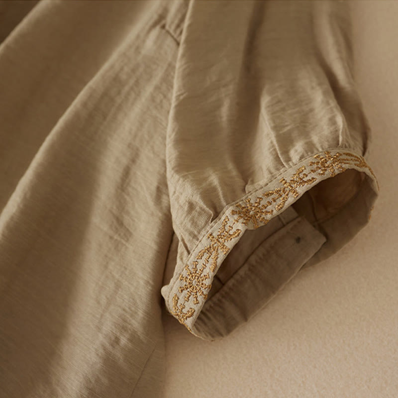 Chemise décontractée à lacets et col montant pour femme avec broderie Buddha Stones, manches trois-quarts, en coton