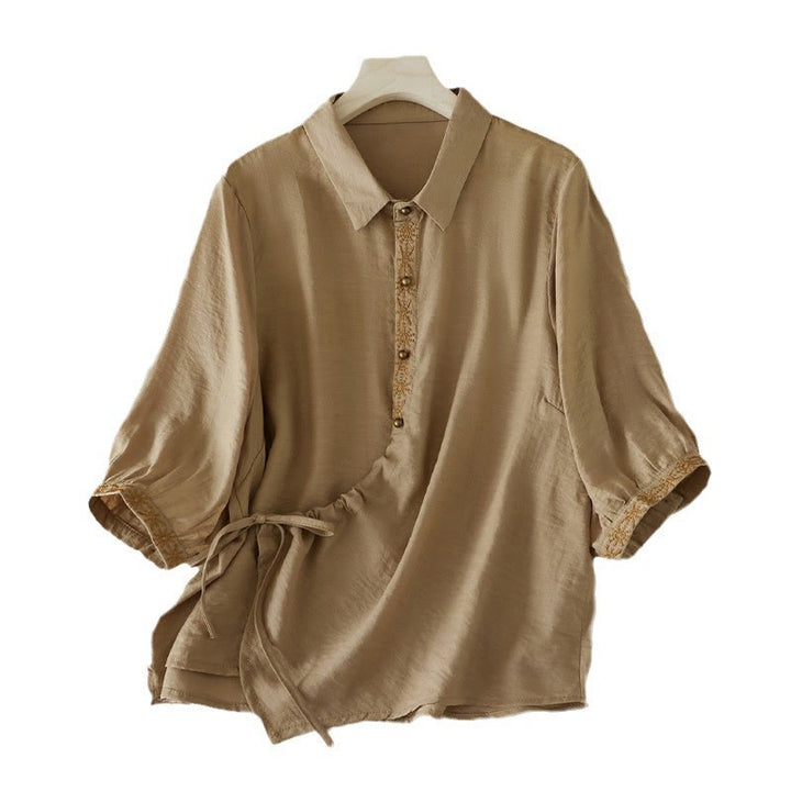 Chemise décontractée à lacets et col montant pour femme avec broderie Buddha Stones, manches trois-quarts, en coton