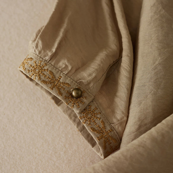 Chemise décontractée à lacets et col montant pour femme avec broderie Buddha Stones, manches trois-quarts, en coton