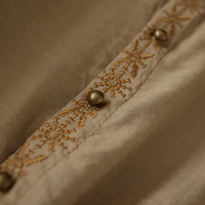 Chemise décontractée à lacets et col montant pour femme avec broderie Buddha Stones, manches trois-quarts, en coton