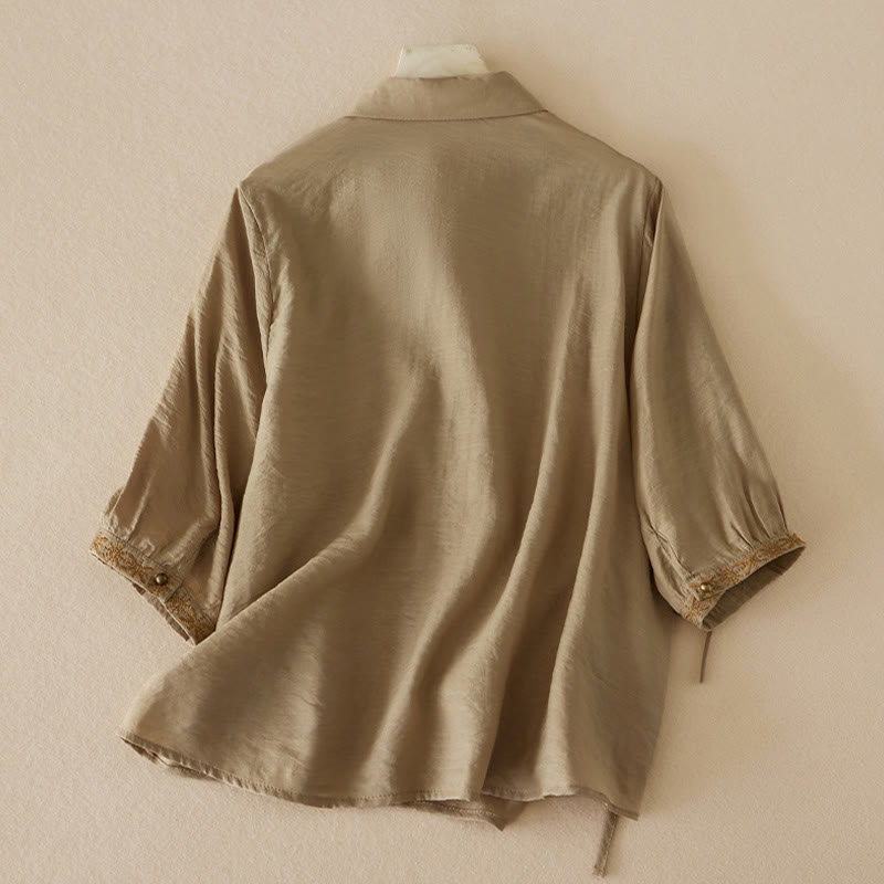Chemise décontractée à lacets et col montant pour femme avec broderie Buddha Stones, manches trois-quarts, en coton