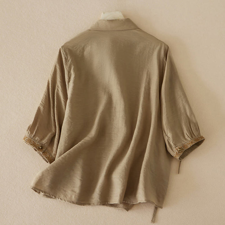 Chemise décontractée à lacets et col montant pour femme avec broderie Buddha Stones, manches trois-quarts, en coton