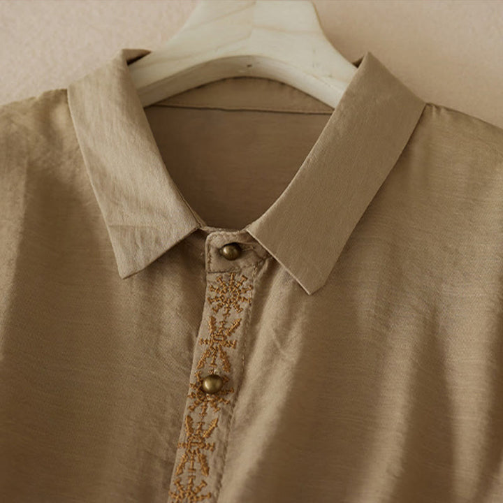 Chemise décontractée à lacets et col montant pour femme avec broderie Buddha Stones, manches trois-quarts, en coton