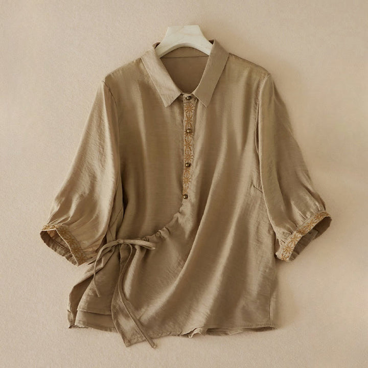 Chemise décontractée à lacets et col montant pour femme avec broderie Buddha Stones, manches trois-quarts, en coton