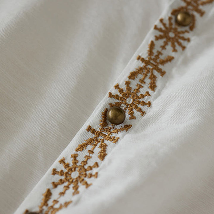 Chemise décontractée à lacets et col montant pour femme avec broderie Buddha Stones, manches trois-quarts, en coton