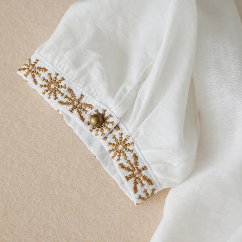 Chemise décontractée à lacets et col montant pour femme avec broderie Buddha Stones, manches trois-quarts, en coton
