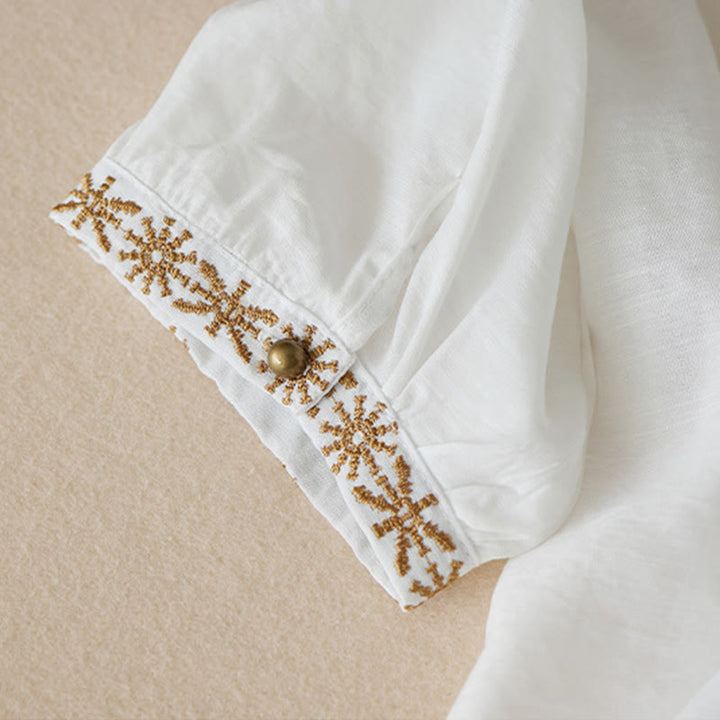 Chemise décontractée à lacets et col montant pour femme avec broderie Buddha Stones, manches trois-quarts, en coton