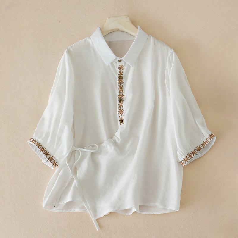 Chemise décontractée à lacets et col montant pour femme avec broderie Buddha Stones, manches trois-quarts, en coton
