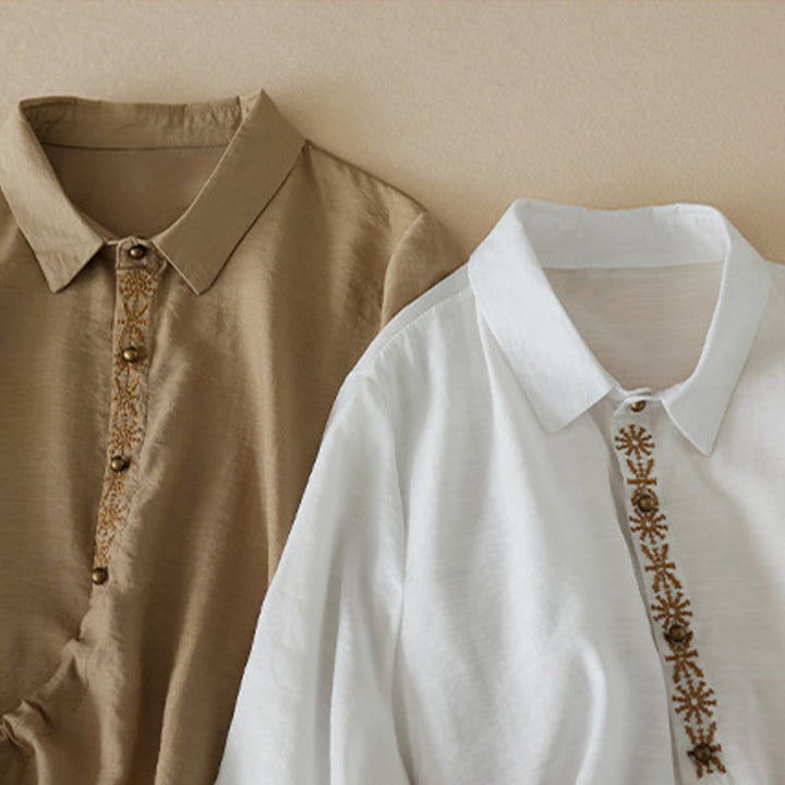Chemise décontractée à lacets et col montant pour femme avec broderie Buddha Stones, manches trois-quarts, en coton