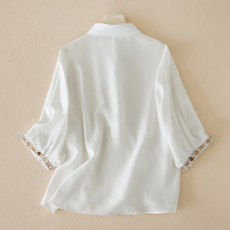Chemise décontractée à lacets et col montant pour femme avec broderie Buddha Stones, manches trois-quarts, en coton