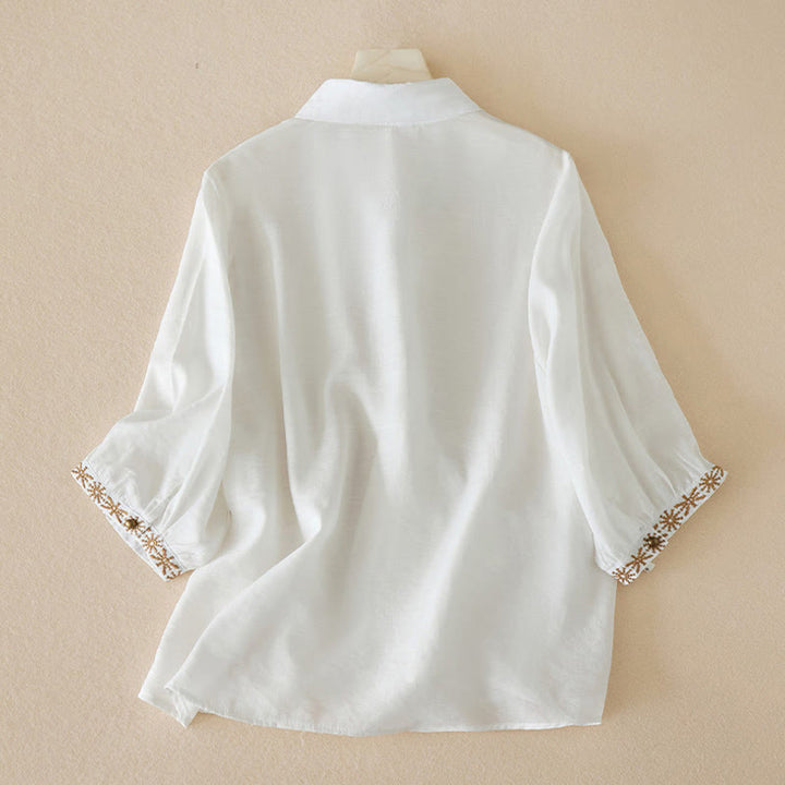 Chemise décontractée à lacets et col montant pour femme avec broderie Buddha Stones, manches trois-quarts, en coton