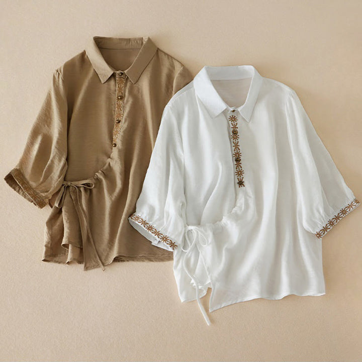 Chemise décontractée à lacets et col montant pour femme avec broderie Buddha Stones, manches trois-quarts, en coton