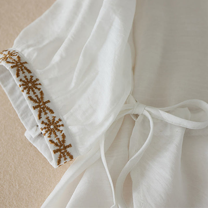Chemise décontractée à lacets et col montant pour femme avec broderie Buddha Stones, manches trois-quarts, en coton