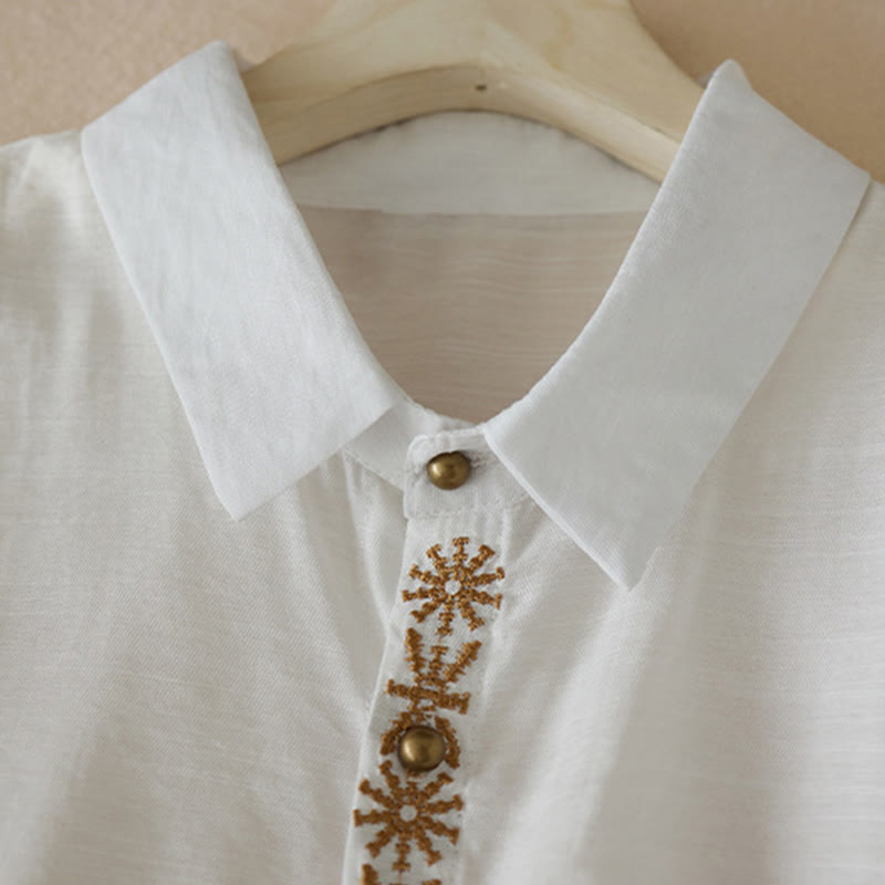 Chemise décontractée à lacets et col montant pour femme avec broderie Buddha Stones, manches trois-quarts, en coton