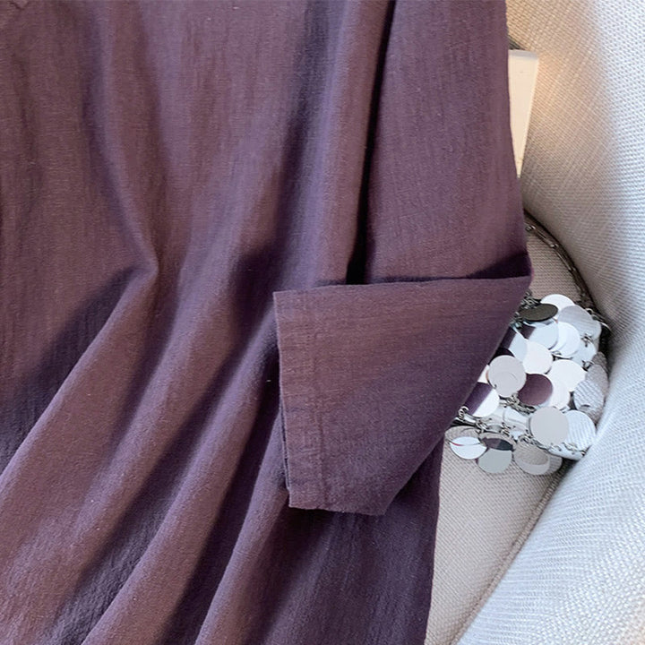 Chemise décontractée en coton et lin à manches longues et col montant pour femme avec poches et boutons en forme de Buddha Stones
