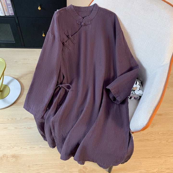 Chemise décontractée en coton et lin à manches longues et col montant pour femme, motif Buddha Stones - Violet - US8-10，UK/AU12-14，EU40-42 (2XL) - image 1