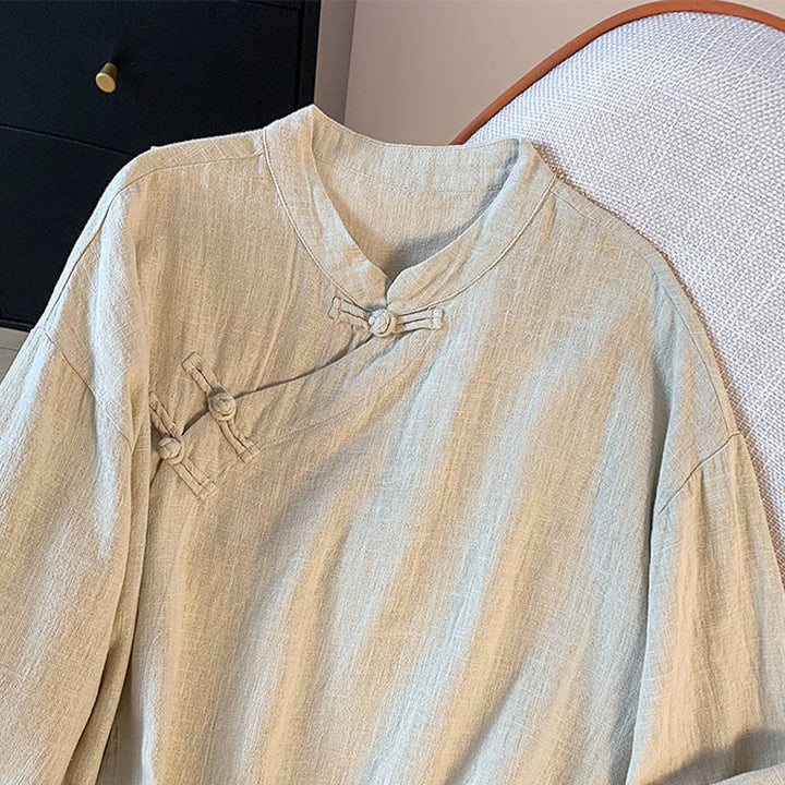 Chemise décontractée en coton et lin à manches longues et col montant pour femme, motif Buddha Stones - image 14