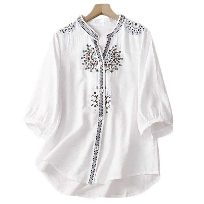 Chemise décontractée en coton et lin à manches mi-longues et col en V pour femme avec broderies de fleurs style bohème et Buddha Stones - image 1
