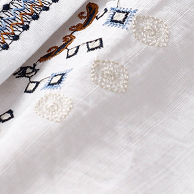 Chemise à manches courtes et col en V pour femme, style bohème décontracté, ornée de broderies florales et de Buddha Stones - image 4