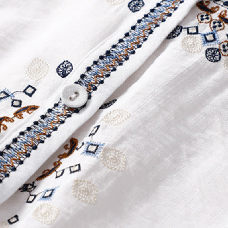 Chemise à manches courtes et col en V pour femme, style bohème décontracté, ornée de broderies florales et de Buddha Stones - image 3