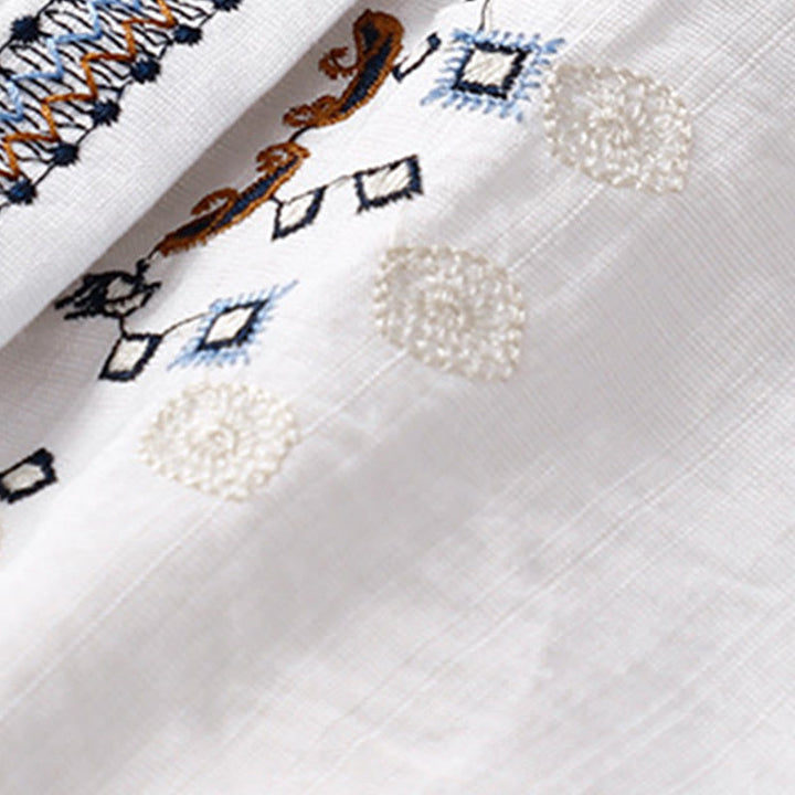 Chemise décontractée en coton et lin à manches mi-longues et col en V pour femme avec broderies de fleurs style bohème et Buddha Stones - image 4