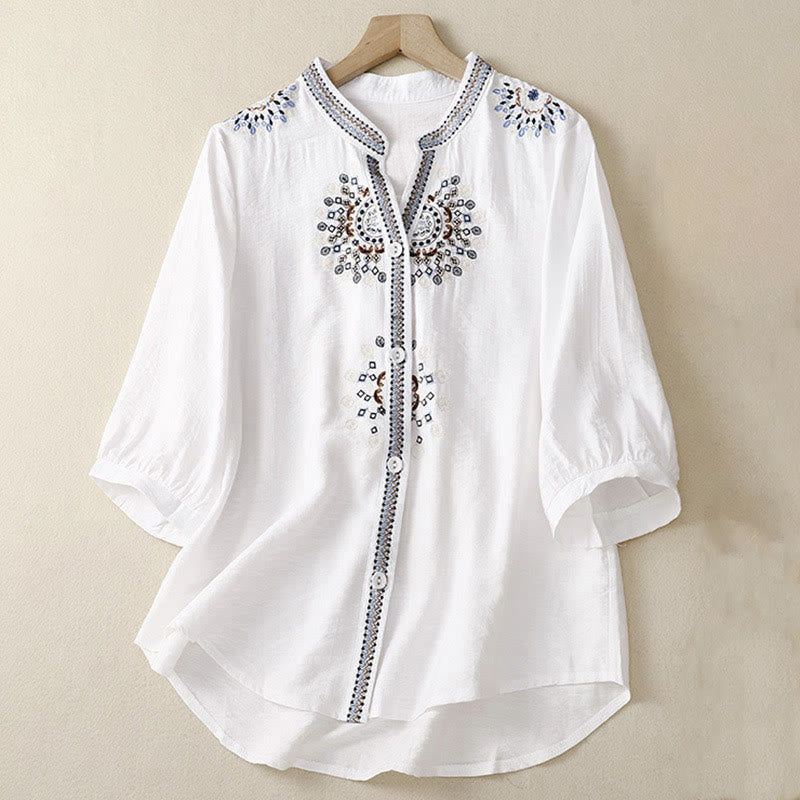Chemise décontractée en coton et lin à manches mi-longues et col en V pour femme avec broderies de fleurs style bohème et Buddha Stones - Blanc - US8-10，UK/AU12-14，EU40-42 (2XL) - image 0