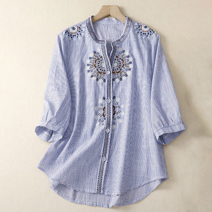 Chemise décontractée en coton et lin à manches mi-longues et col en V pour femme avec broderies de fleurs style bohème et Buddha Stones - BleuetBleu - US8-10，UK/AU12-14，EU40-42 (2XL) - image 5