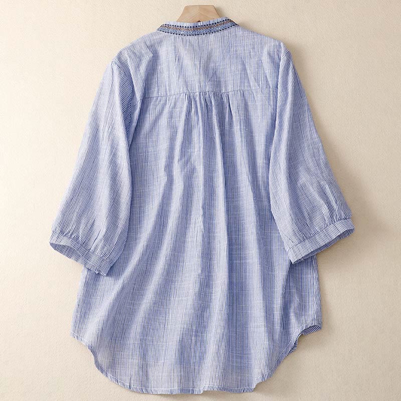 Chemise décontractée en coton et lin à manches mi-longues et col en V pour femme avec broderies de fleurs style bohème et Buddha Stones - image 6