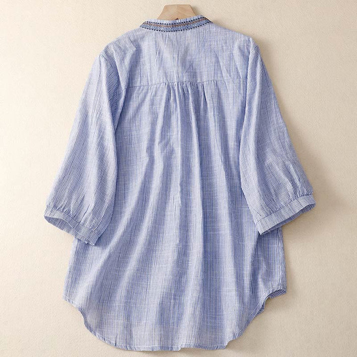 Chemise décontractée en coton et lin à manches mi-longues et col en V pour femme avec broderies de fleurs style bohème et Buddha Stones - image 6