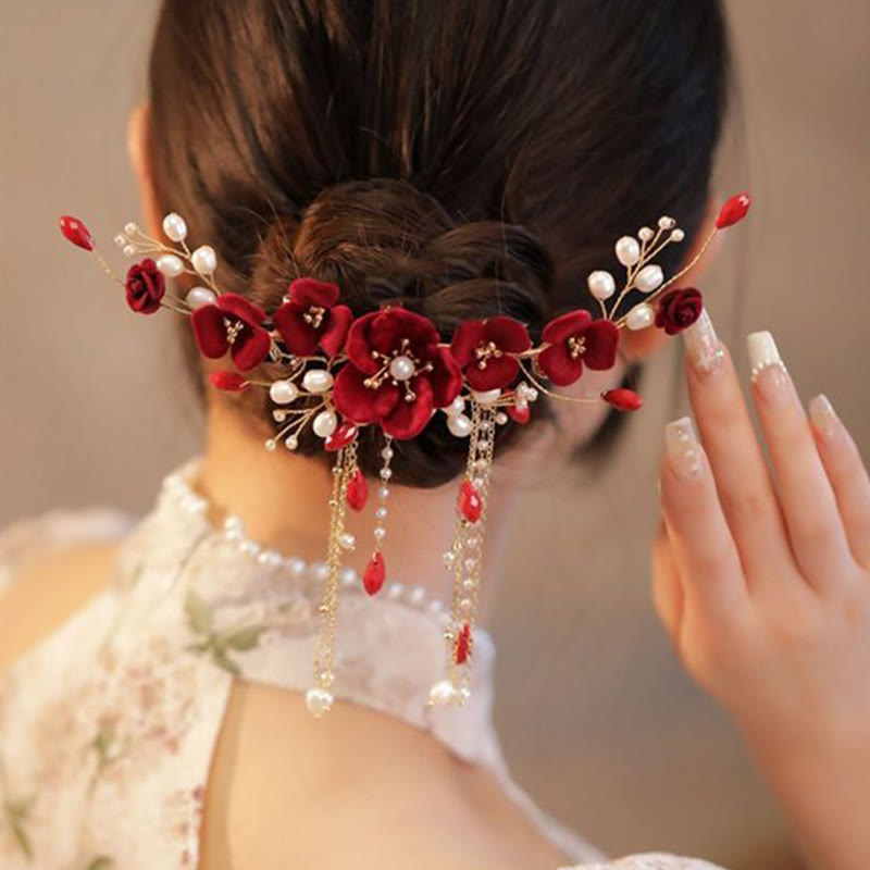 Pince à cheveux en Buddha Stones pour mariage oriental chinois, rose rouge