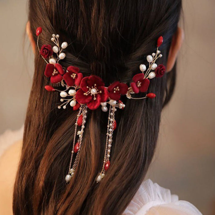 Pince à cheveux en Buddha Stones pour mariage oriental chinois, rose rouge