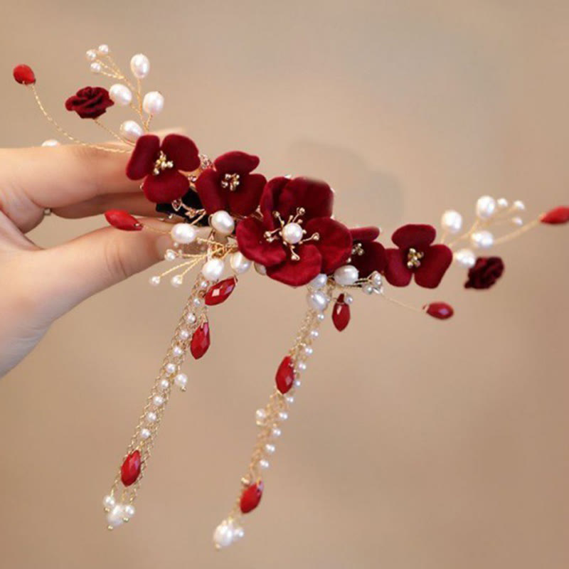 Pince à cheveux en Buddha Stones pour mariage oriental chinois, rose rouge