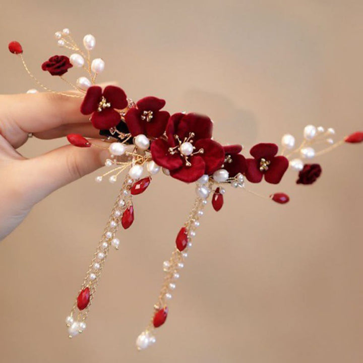 Pince à cheveux en Buddha Stones pour mariage oriental chinois, rose rouge