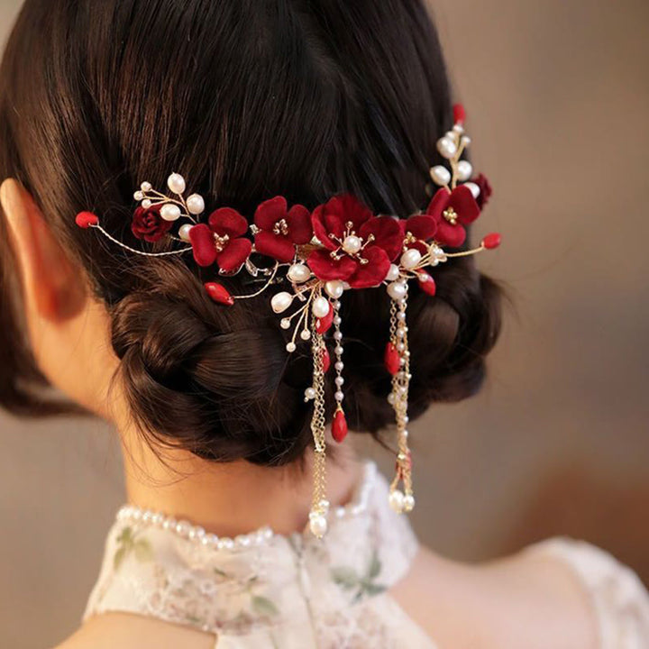 Pince à cheveux en Buddha Stones pour mariage oriental chinois, rose rouge