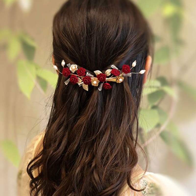 Pince à cheveux en Buddha Stones pour mariage oriental chinois, rose rouge