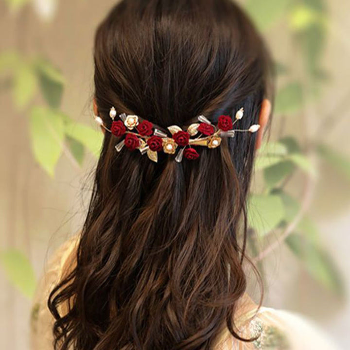 Pince à cheveux en Buddha Stones pour mariage oriental chinois, rose rouge