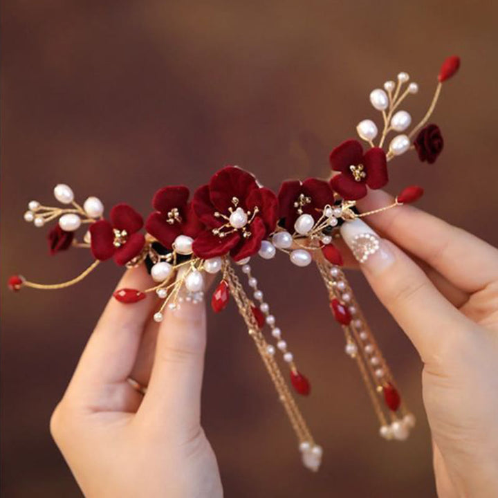 Pince à cheveux en Buddha Stones pour mariage oriental chinois, rose rouge