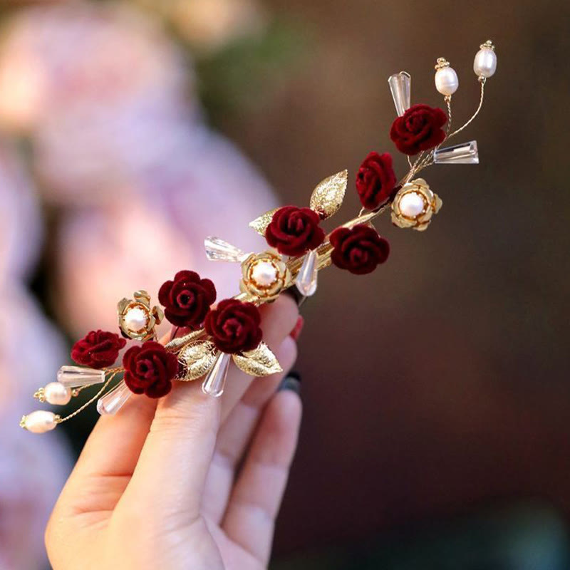 Pince à cheveux en Buddha Stones pour mariage oriental chinois, rose rouge