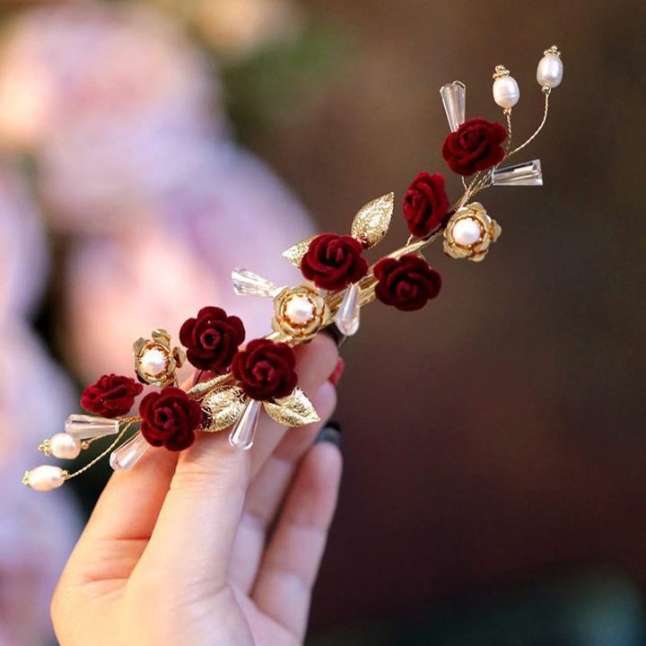 Pince à cheveux en Buddha Stones pour mariage oriental chinois, rose rouge