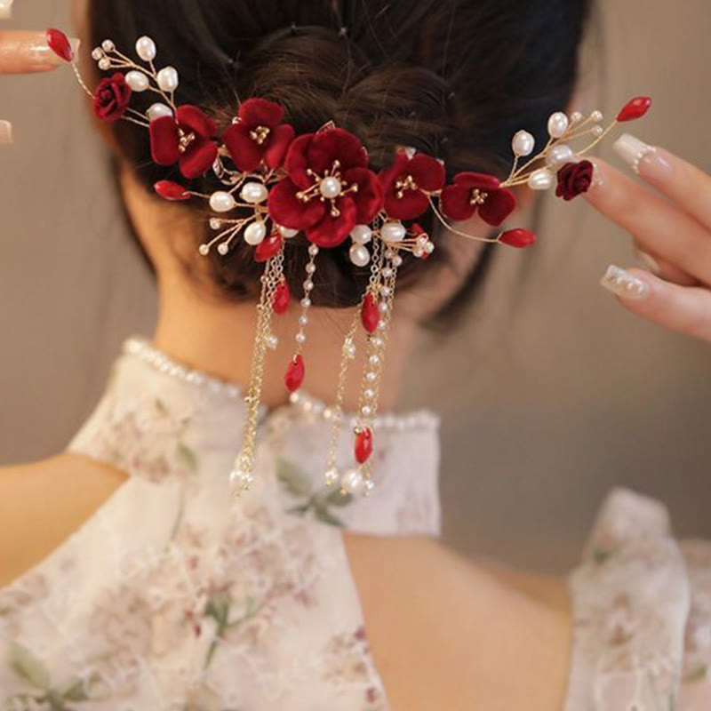 Pince à cheveux en Buddha Stones pour mariage oriental chinois, rose rouge
