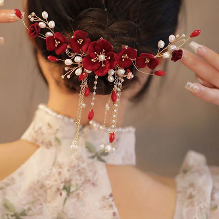 Pince à cheveux en Buddha Stones pour mariage oriental chinois, rose rouge