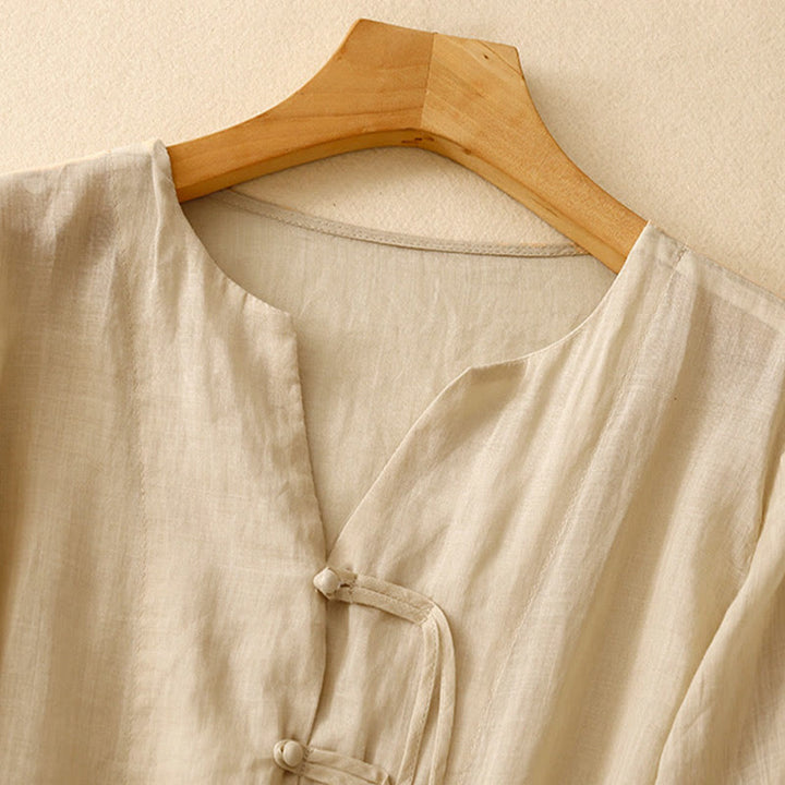 Chemise cardigan décontractée en coton et lin à manches mi-cloches et col en V pour femme avec Buddha Stones