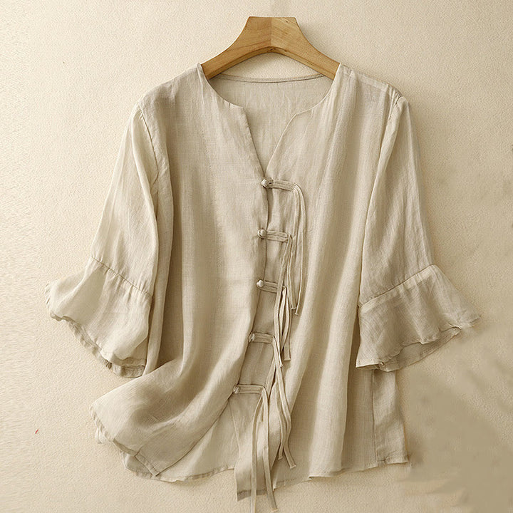 Chemise cardigan décontractée en coton et lin à manches mi-cloches et col en V pour femme avec Buddha Stones