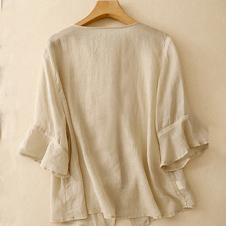 Chemise cardigan décontractée en coton et lin à manches mi-cloches et col en V pour femme avec Buddha Stones